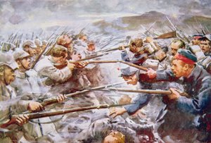 Belgians repelling Germans at Liège by Arthur C. (after) Michael