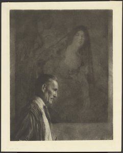 Man with Small, Neat Mustache in Profile Posed in Front of a Painting of a Woman Dressed in Spanish Costume