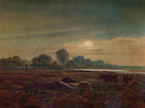 River Scene by Moonlight, with Cattle