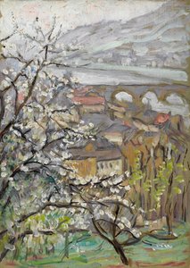 View Across an Orchard Over a Bridge and Estuary by Arthur Haythorne Studd
