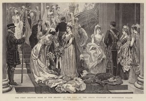 The First Drawing Room of the Season, at the Foot of the Grand Staircase at Buckingham Palace