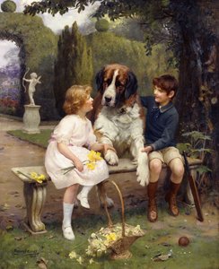 Children with a St. Bernard by Arthur John Elsley