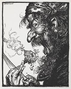 A Large Man Eating a Tiny Lady and Her House. by Arthur Rackham