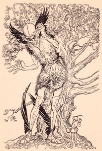A terrible fellow half as big as the tree by which he was standing (Illustration by Arthur Rackham from Grimm