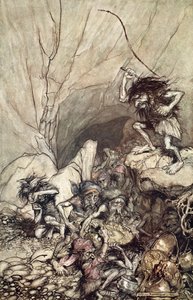 Alberich drives in a band of Nibelungs with gold and silver treasures by Arthur Rackham