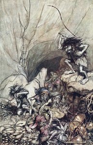 Alberich Drives in a Band of Niblungs Laden with Gold and Silver Treasure. Illustration for The Rhinegold by Arthur Rackham