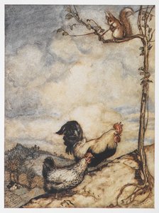 An illustration of a hen, cockerel and squirrel from The Adventures of Chanticleer and Partlet by Arthur Rackham