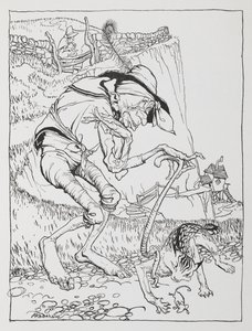 An old crooked man with his crooked cat and crooked house