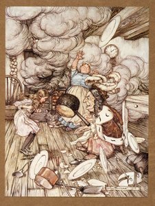 An unusually large saucepan flew close by it, and very nearly carried it off, from Alice