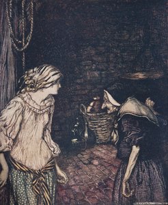 At last she reached the cellar, and there she found an old, old woman with a shaking head .., from The Fairy Tales of the Brothers Grimm by Arthur Rackham