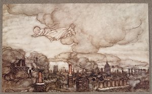 Away he flew right over the houses to the Gardens, from Peter Pan in Kensington Gardens by J.M. Barrie, pub. 1906