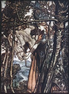 Brünnhilde leads her horse by the bridle (Illustration for The Rhinegold and The Valkyrie)