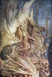 Brünnhilde on Grane Leaps onto the Funeral Pyre of Siegfried by Arthur Rackham
