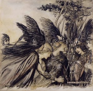 Brunnhilde Implores the Valkyries, illustration from The Rhinegold and the Valkyrie, by Richard Wagner, edition published 1910 by Arthur Rackham