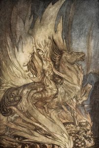 Brunnhilde on Grane leaps on to the funeral pyre of Siegfried, illustration from 