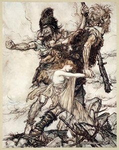 Fasolt Suddenly Seizes Freia and Drags Her to One Side with Fafner, 1910 by Arthur Rackham