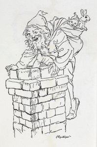 Father Christmas climbing into a chimney with gifts by Arthur Rackham