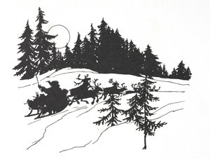 Father Christmas travelling through a snowy wood on his sleigh by Arthur Rackham