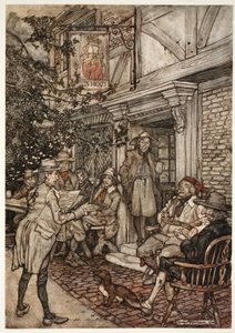 He used to console himself by frequenting a kind of perpetual club of the sages, philosophers and other idle personages, which held its sessions before a small inn., from Rip Van Winkle by Washington Irving by Arthur Rackham
