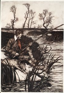 He would sit on a wet rock and fish all day, from Rip Van Winkle by Washington Irving