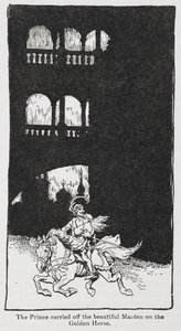 Illustration from The Golden Bird When the Prince Carries Off the Maiden on Horseback. by Arthur Rackham