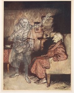 Illustration of Scrooge with the Ghost of Christmas Past