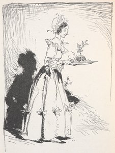 Illustration of a woman carrying a Christmas pudding by Arthur Rackham