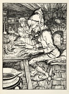 Lay!, roared the giant and then the hen laid immediately an egg of solid gold, from The Arthur Rackham Fairy Book