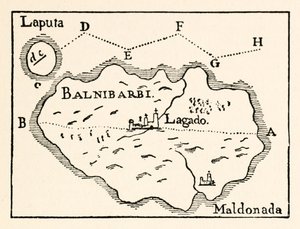 Map of Laputa (flying island top right) and Balnibarbii (main port Maldonada) from Part III: A Voyage to Laputa, Balnibarbi, Luggnagg, Glubbdubdrib, and Japan in Gulliver