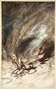 Mime writhes under the lashes he receives, 1910 by Arthur Rackham