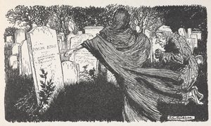 Scrooge and a ghost in a graveyard at night