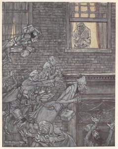 Scrooge at his window watching ghosts in the street below by Arthur Rackham