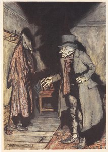 Scrooge in his house at night