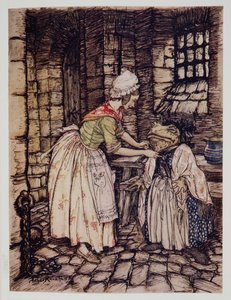 She arranged the shawl with a professional fold, and tied the strings of the rusty bonnet under his chin, from Wind in the Willows by Kenneth Grahame, pub. 1940 by Arthur Rackham