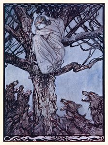 She looked with angry woe at the straining and snarling horde below. from The Wooing of Becfola in Irish Fairy Tales by Arthur Rackham