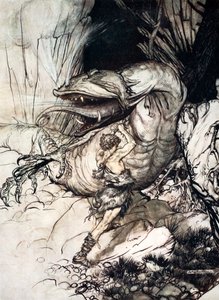 Siegfried Kills Fafner by Arthur Rackham