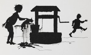 Silhouette of a boy pulling a cat out of a well