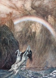 The Rhinemaidens Bewail Their Lost Gold. Illustration for The Rhinegold and The Valkyrie by Richard Wagner by Arthur Rackham