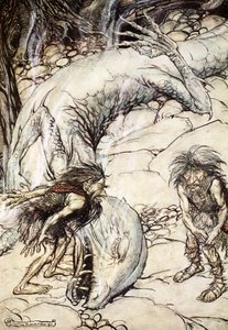 The dwarves quarrelling over the body of Fafner, 1924 by Arthur Rackham