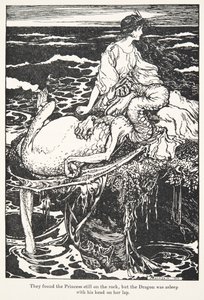 The found the Princess still on the rock, but the Dragon was asleep with his head on her lap by Arthur Rackham