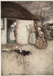 The good wives of the village never failed, in their evening gossipings to lay all the blame on Dame Van Winkle, from Rip Van Winkle by Washington Irving by Arthur Rackham
