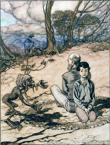The son made a circle, and his father and he took places within it, and the little black mannikin appeared, illustration from The King of the Golden Mountain in The Fairy Tales of the Brothers Grimm