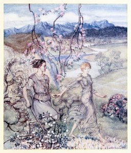 Then they [Iollan and Tuiren] went hand in hand in the country that smells of apple-blossom and honey. from The Birth of Bran in Irish Fairy Tales by Arthur Rackham