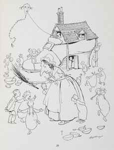 There was an old lady who lived in a shoe. Woman with a shoe-house and lots of children