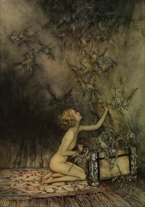 Young Girl and Bat-like Creature by Arthur Rackham