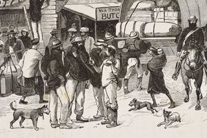 Colonization (1880). The life of the gold diggers in Australia. English colony of Botany Bay (founded in 1788) and initially populated mostly by criminals turned prospectors and traders by Artist Unknown