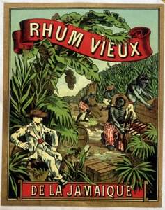 Jamaican rum label. Black workers reducing sugar cane are watched by a white man