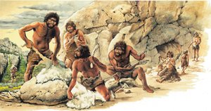 Prehistory Paleolithic Period: Hunters using the skin of killed animals and making tools and weapons