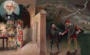 Rigoletto employs Sparafucile to murder Duke - Act 3 scene 4 from opera Rigoletto by Giuseppe Verdi by Artist Unknown