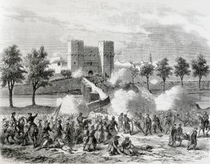 Glorious Revolution. Attack of the Government Troops in the Serrans Gate in Valencia. Engraving from 
